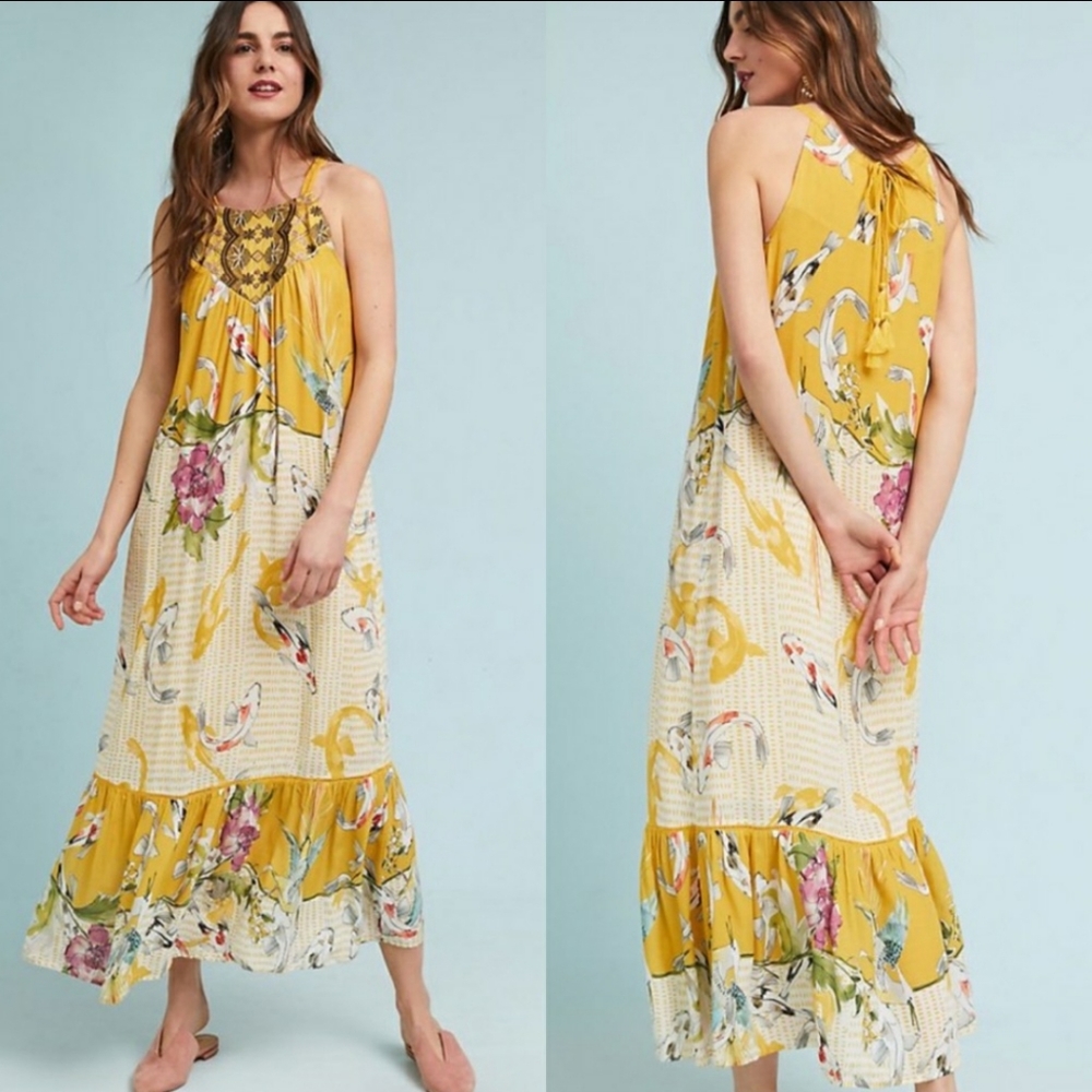 Anthropologie One September Paradiso Gold Koi Embroidery Ruffle Maxi Dress Sz S